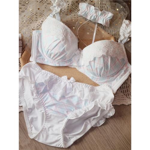 日系粉色格子可愛聚攏大碼內衣內褲肩帶性感文胸套裝薄款少女純欲