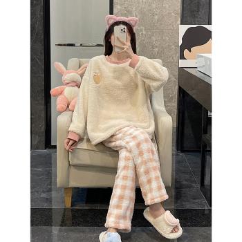 珊瑚絨睡衣女秋冬季清新橙色格子加厚法蘭絨大碼學生春家居服套裝
