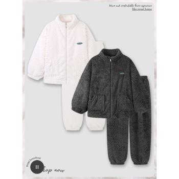 珊瑚絨情侶睡衣女秋冬季加絨加厚法蘭絨套裝可外穿家居服冬天男士