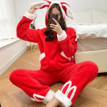 大紅法蘭絨冬天女加厚保暖睡衣