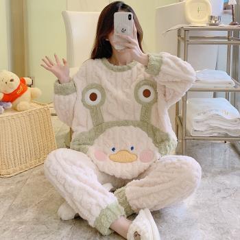珊瑚絨睡衣女秋冬季大碼胖mm200斤法蘭絨加厚春秋卡通家居服套裝