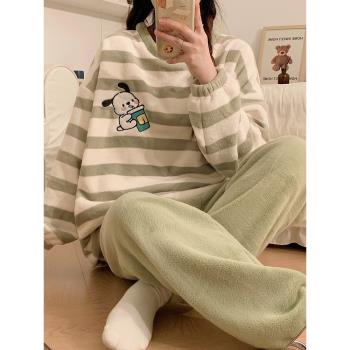 睡衣女款春秋冬季珊瑚絨加厚長袖2023年新款可愛法蘭絨家居服套裝