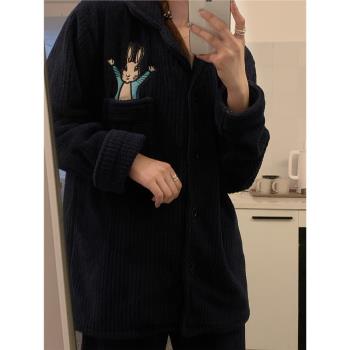 韓國彼得兔卡通睡衣女澳粒絨加厚長袖長褲純色秋冬季情侶毛絨套裝