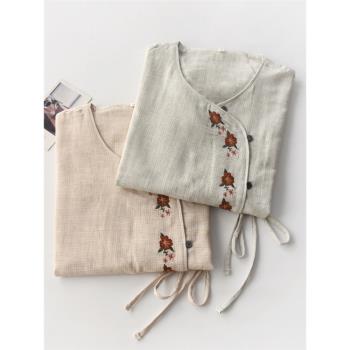 刺繡中式國風睡衣女士春秋夏季純棉紗布薄款寬松九分袖家居服套裝