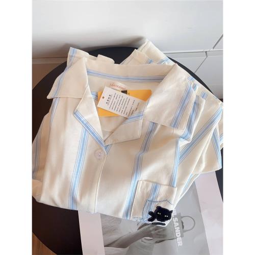 睡衣棉春秋季新款女韓版簡約條紋可愛小黑貓休閑長袖長褲家居服