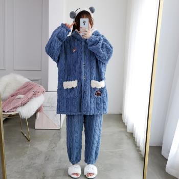 小熊開衫提花女冬季孕婦胖mm睡衣
