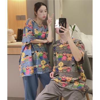 韓版短袖情侶睡衣女夏天薄款純棉卡通芝麻街家居服大碼200斤套裝