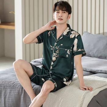 國風潮流睡衣男夏季薄款冰絲短袖短褲夏天時尚絲綢男士家居服套裝