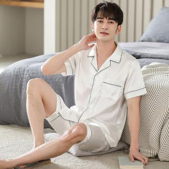 白色休閑睡衣男夏季薄款冰絲短袖短褲夏天時尚絲綢男士家居服套裝