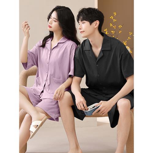 2025年新款情侶睡衣純棉短袖夏天薄款純色一男一女家居服套裝