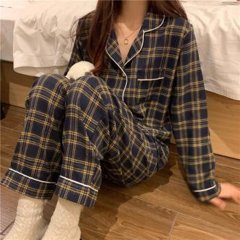 夏莉家 ins早春復古簡約格紋翻領對襟包邊長袖磨毛睡衣家居服套裝
