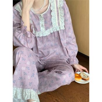韓國春秋新款甜美碎花公主風純棉睡衣女可愛花邊少女長袖長褲套裝