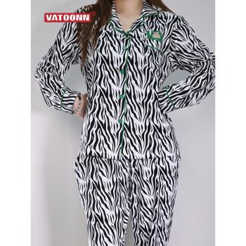 情侶睡衣純棉春秋款網紅風男長褲印花女可愛家居服套裝斑馬綠色
