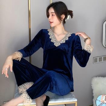 蕾絲公主風睡衣女金絲絨保暖春秋冬季加厚款高級感長袖家居服套裝