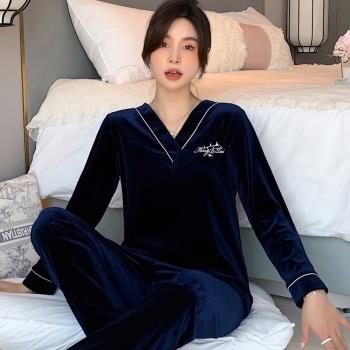 睡衣女金絲絨套頭春秋冬季加厚女士媽媽中老年長袖休閑家居服套裝