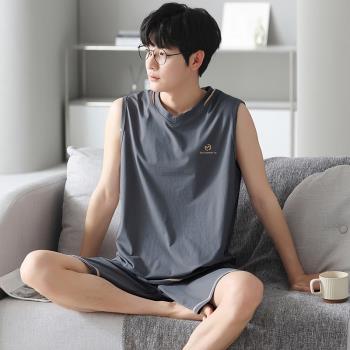 男士睡衣夏天季無袖背心莫代爾薄款青少年涼感冰絲男款家居服套裝