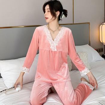 粉色可愛甜美小清新保暖睡衣女金絲絨保暖春秋冬季加厚家居服套裝