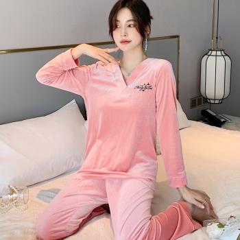 睡衣女金絲絨保暖春秋冬季加厚女士粉色ins網紅風蕾絲家居服套裝