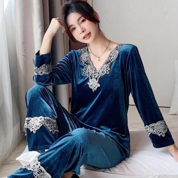 套頭圓領網紅風長袖睡衣女士金絲絨公主風春秋冬季加厚家居服套裝