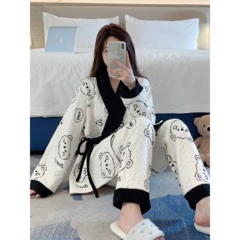 睡衣女春秋季空氣夾層純棉長袖2024新款卡通白熊加厚冬家居服套裝