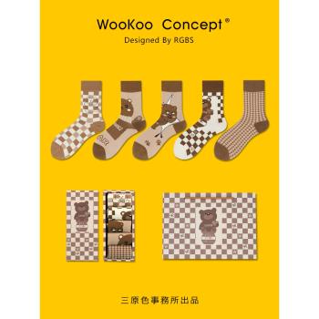 WooKoo棕色小熊襪子女中筒襪可愛秋冬款加厚日系咖色棉質長襪禮盒