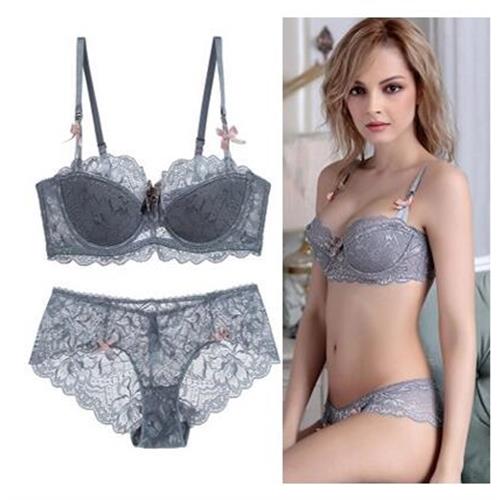歐美文胸套裝性感少女聚攏薄款透明蕾絲有鋼圈女士內衣內褲大碼DE