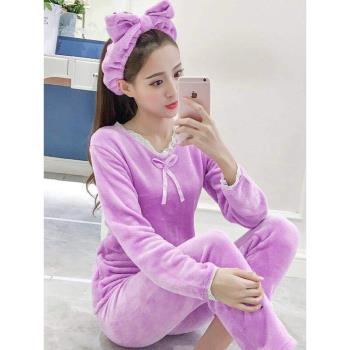 睡衣女秋冬季加厚保暖珊瑚絨甜美公主風蕾絲花邊法蘭絨送發帶套裝