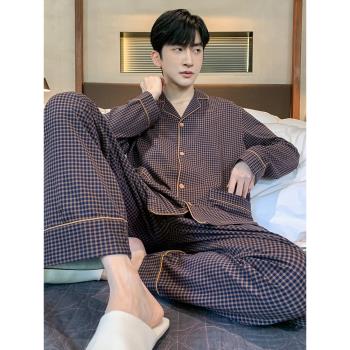 格子睡衣男款春秋夏季純棉長袖薄款冬休閑大碼男士外穿家居服套裝
