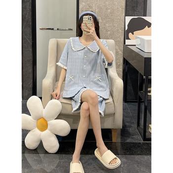 公主風睡衣女士夏季短袖純棉大碼薄款網紅淺藍全棉夏天家居服套裝