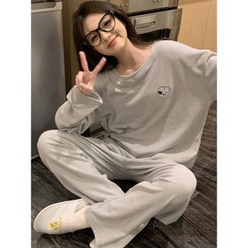 睡衣女春秋款長袖德絨簡約休閑純色網紅秋冬薄款家居服套裝可外穿