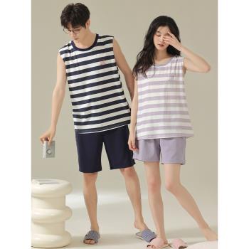 情侶睡衣夏季無袖背心莫代爾涼感女套裝夏款青少年男生冰絲家居服