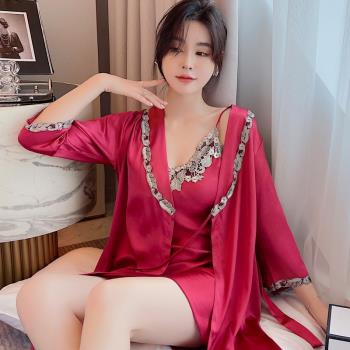 性感女睡袍浴袍睡裙女士睡衣夏季薄款冰絲結婚紅色新婚本命年套裝