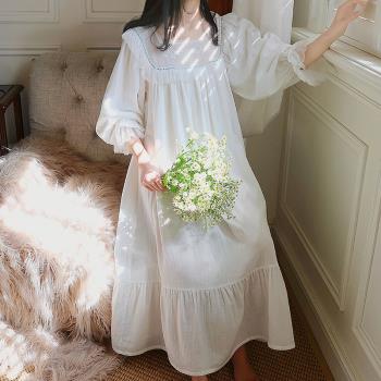 夏天法式蕾絲公主風純棉紗長款睡裙女春秋復古宮廷風白色甜美睡衣