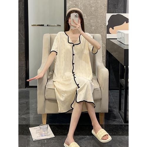 公主風睡裙女夏季睡衣短袖純棉大碼米白可外穿薄款春秋甜美家居服