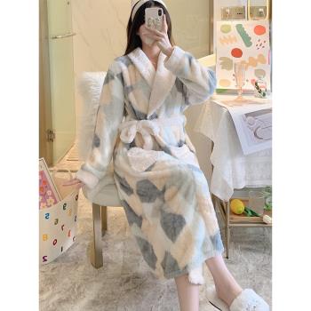 珊瑚絨睡袍女冬長款加絨加厚高階感ins風秋冬法蘭絨浴袍外套睡衣