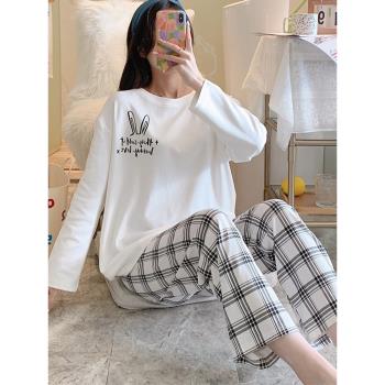 女純棉格子秋季ins風長袖睡衣