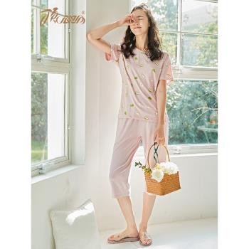 頂瓜瓜純棉五分褲睡衣女短袖中褲家居服碎花夏季薄胖妹妹寬松大碼