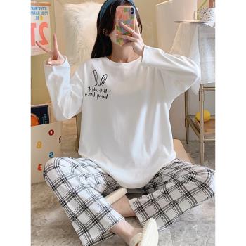 春秋款女純棉可愛格子長袖睡衣