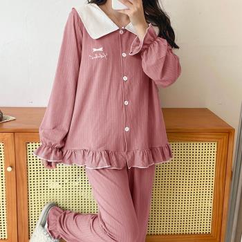 網紅女長袖純棉春款甜美套裝睡衣