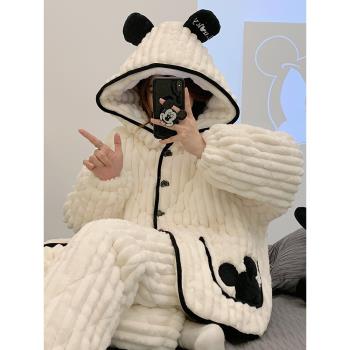 秋冬季天2025年新款睡衣女家居服加厚加厚珊瑚絨三層夾棉套裝大碼