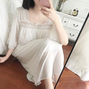 公主睡衣女夏季短袖復古宮廷蕾絲性感長裙冰絲可愛睡裙女夏家居服