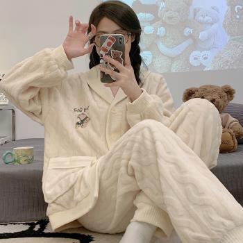 秋冬季加絨加厚珊瑚絨睡衣女法蘭絨可愛家居服2023年新款簡約套裝