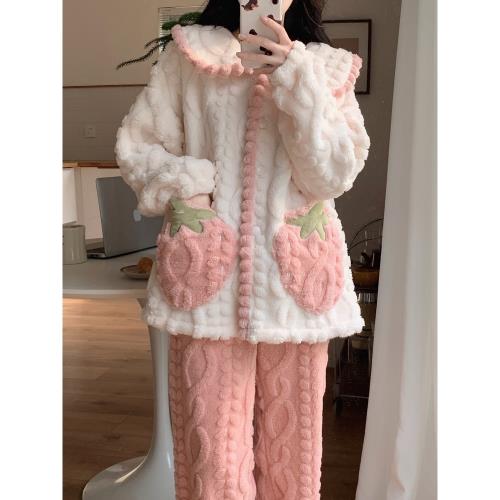 粉色可愛草莓韓系睡衣女冬季珊瑚絨可外穿加厚保暖秋冬新款家居服
