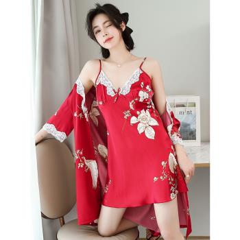 喜慶吊帶睡裙女睡袍套裝女士睡衣性感私房火辣春夏季冰絲紅色結婚
