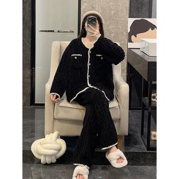 珊瑚絨睡衣女秋冬季公主風大碼加厚法蘭絨保暖黑色春秋家居服套裝