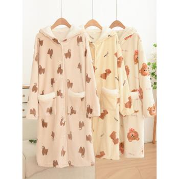 女加厚法蘭絨春秋家居服卡通睡袍