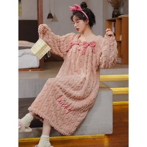 RS睡裙女冬季珊瑚絨加絨加厚法蘭絨大碼元氣長袖連衣裙睡衣女款