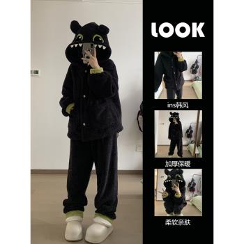 可愛無牙仔連帽珊瑚絨女卡通睡衣