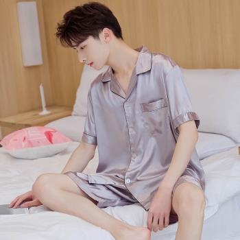 男士睡衣夏季薄款冰絲綢韓版短袖短褲青中年銀灰色男生家居服套裝