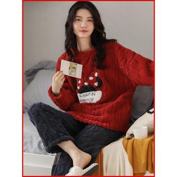 珊瑚絨睡衣女款2025秋冬季新款加絨加厚女士紅色本命年家居服套裝